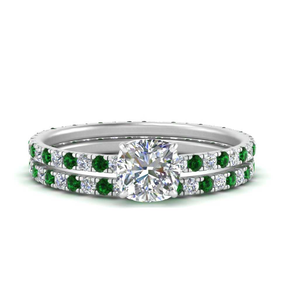 underhalo-eternity-cushion-cut-diamond-wedding-band-set-with-emerald-in-FD9168CUGEMGRANGLE3-NL-WG