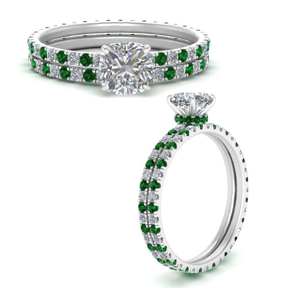 underhalo-eternity-cushion-cut-diamond-wedding-band-set-with-emerald-in-FD9168CUGEMGRANGLE3-NL-WG