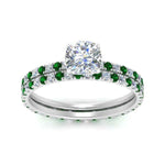 Load image into Gallery viewer, underhalo-eternity-cushion-cut-diamond-wedding-band-set-with-emerald-in-FD9168CUGEMGRANGLE3-NL-WG
