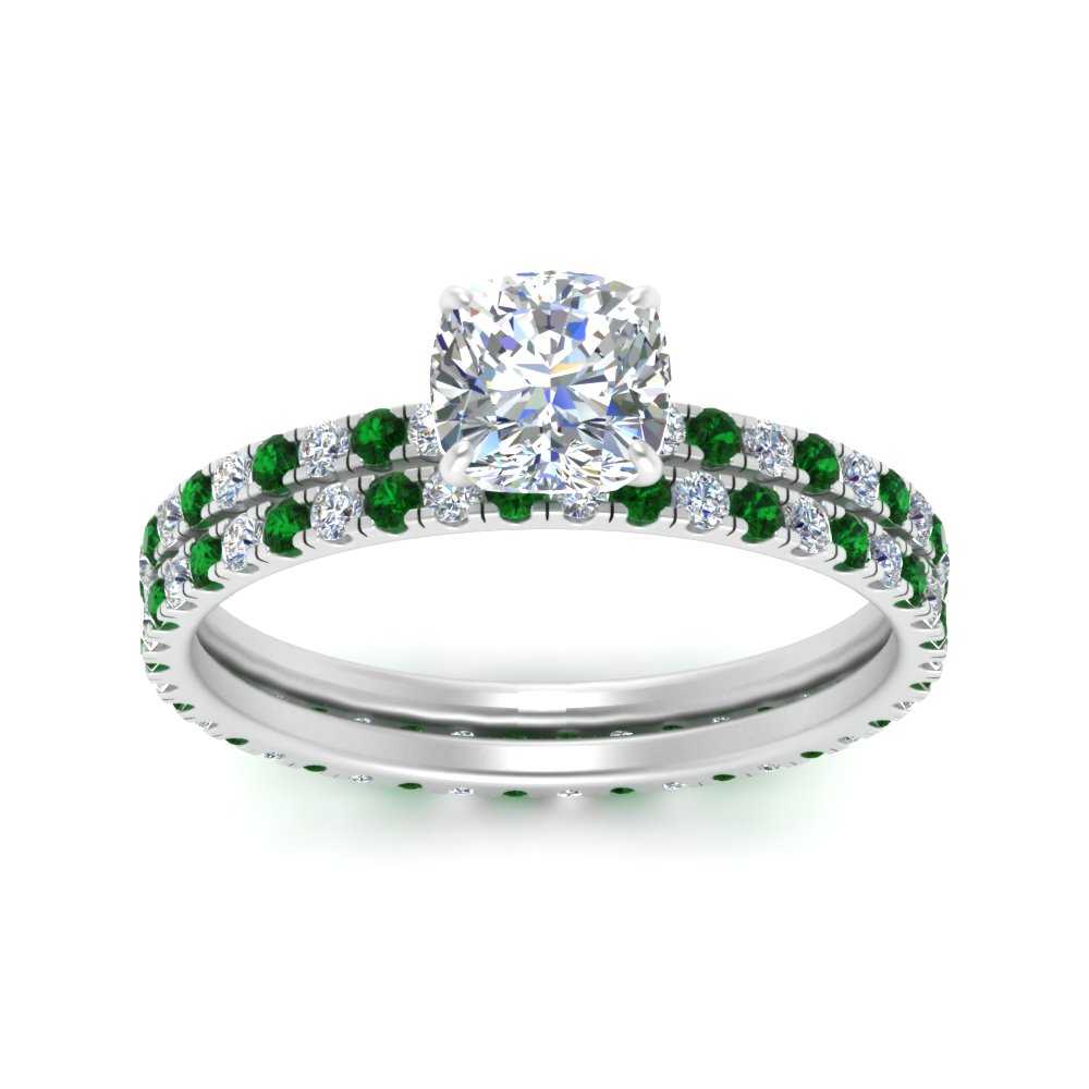 underhalo-eternity-cushion-cut-diamond-wedding-band-set-with-emerald-in-FD9168CUGEMGRANGLE3-NL-WG