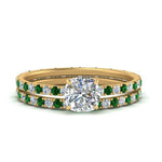 Load image into Gallery viewer, underhalo-eternity-cushion-cut-diamond-wedding-band-set-with-emerald-in-FD9168CUGEMGRANGLE3-NL-YG
