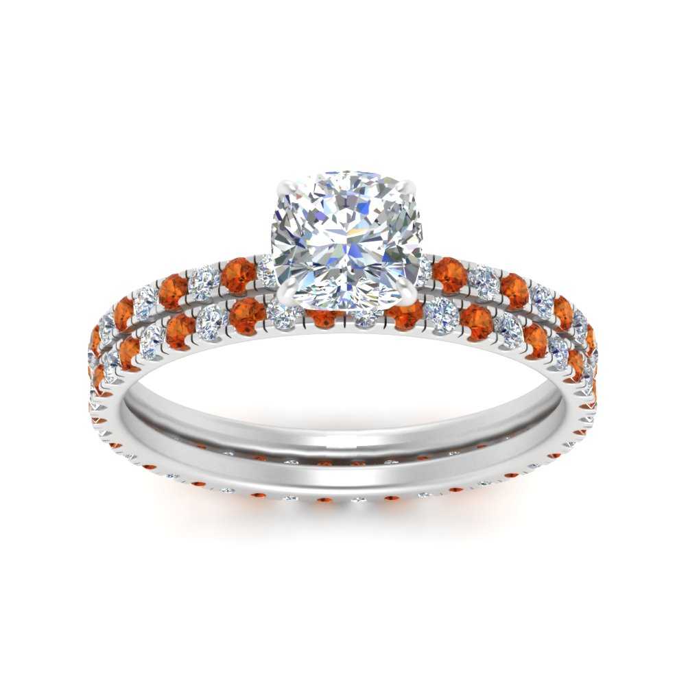 underhalo-eternity-cushion-cut-diamond-wedding-band-set-with-orange-sapphire-in-FD9168CUGSAORANGLE3-NL-WG