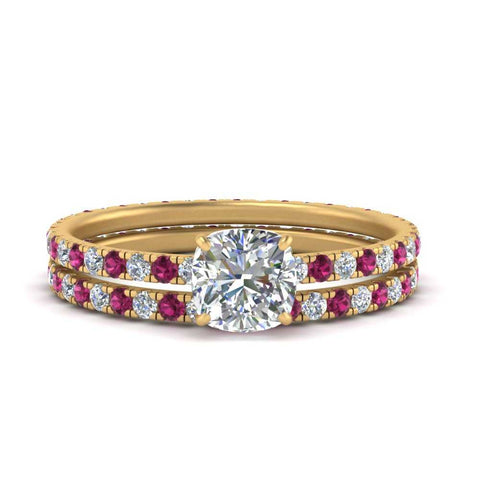 underhalo-eternity-cushion-cut-diamond-wedding-band-set-with-orange-sapphire-in-FD9168CUGSAORANGLE3-NL-YG