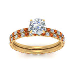 Load image into Gallery viewer, underhalo-eternity-cushion-cut-diamond-wedding-band-set-with-orange-sapphire-in-FD9168CUGSAORANGLE3-NL-YG
