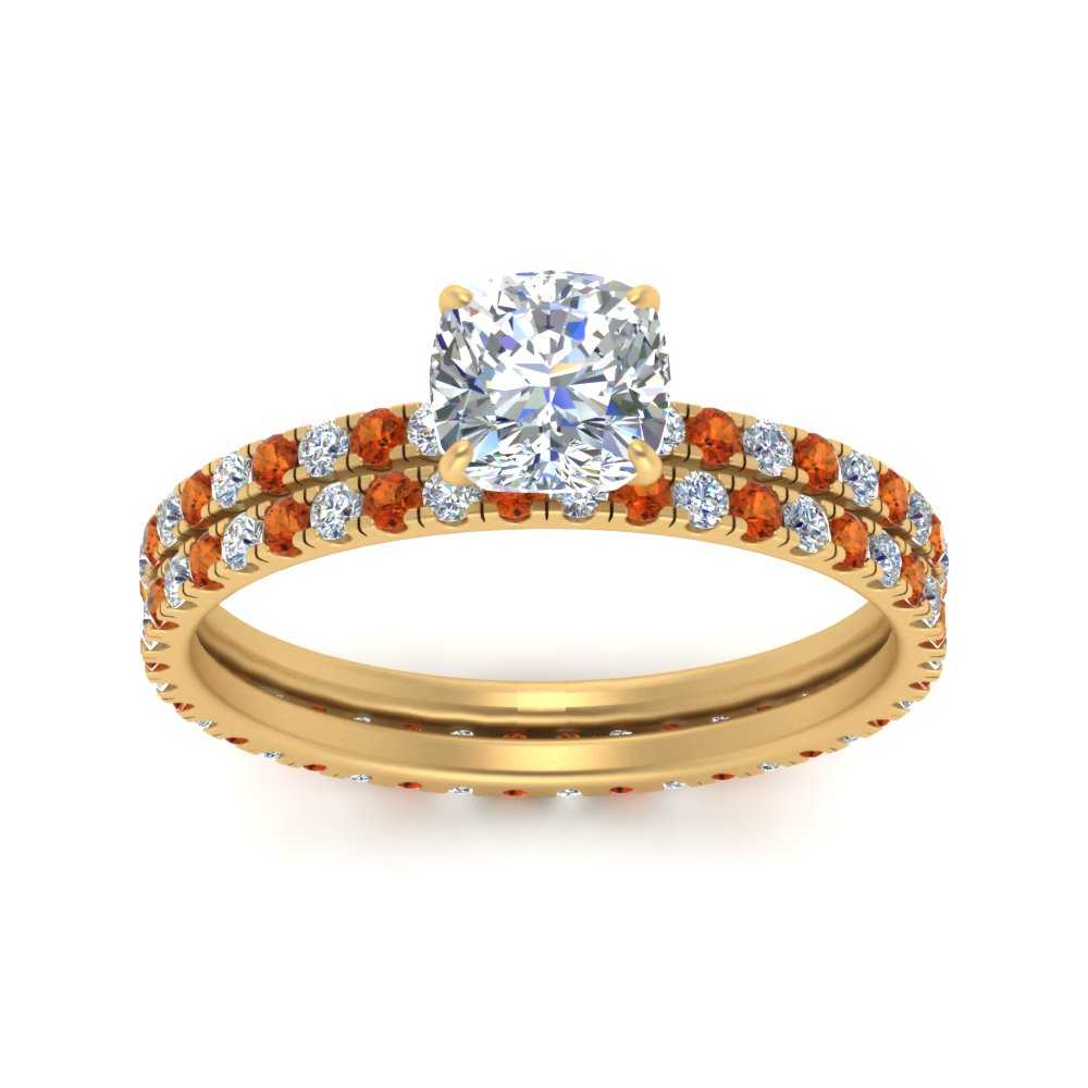underhalo-eternity-cushion-cut-diamond-wedding-band-set-with-orange-sapphire-in-FD9168CUGSAORANGLE3-NL-YG