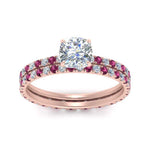 Load image into Gallery viewer, underhalo-eternity-cushion-cut-diamond-wedding-band-set-with-pink-sapphire-in-FD9168CUGSADRPIANGLE3-NL-RG
