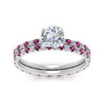 Load image into Gallery viewer, underhalo-eternity-cushion-cut-diamond-wedding-band-set-with-pink-sapphire-in-FD9168CUGSADRPIANGLE3-NL-WG
