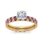 Load image into Gallery viewer, underhalo-eternity-cushion-cut-diamond-wedding-band-set-with-pink-sapphire-in-FD9168CUGSADRPIANGLE3-NL-YG
