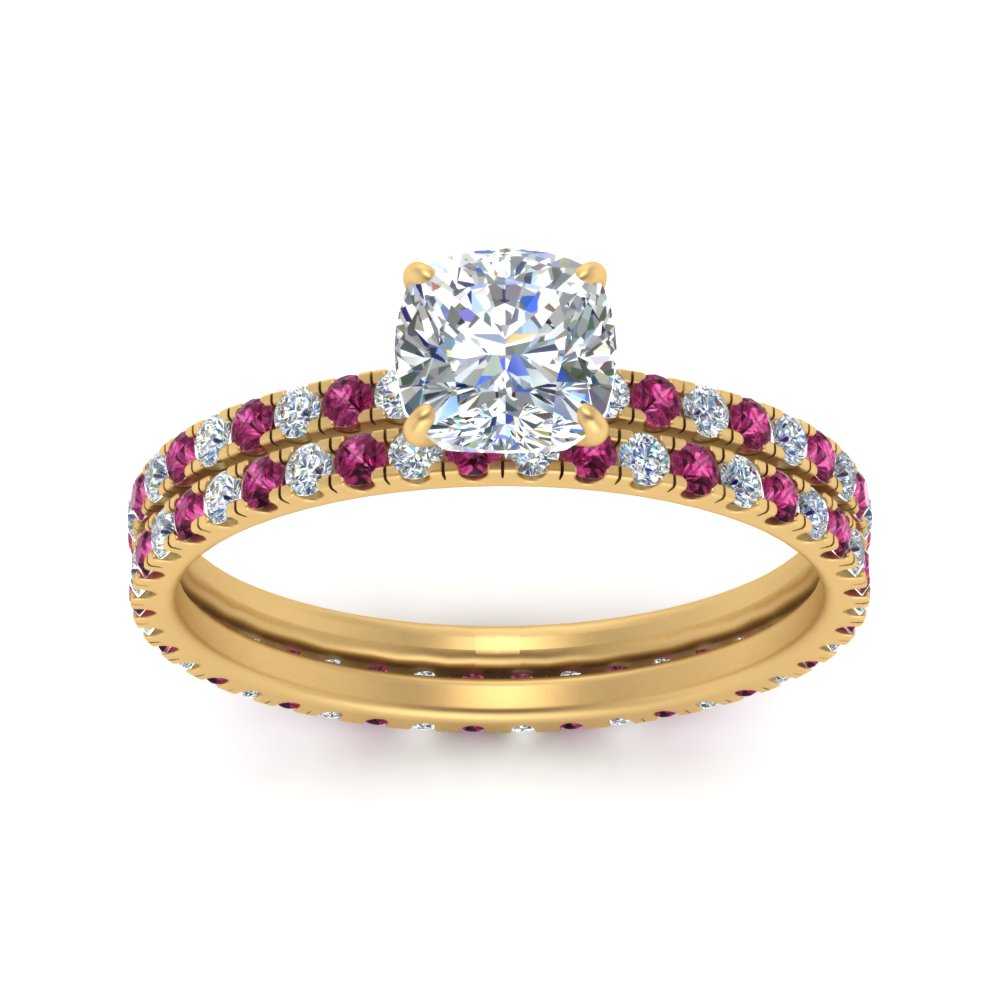 underhalo-eternity-cushion-cut-diamond-wedding-band-set-with-pink-sapphire-in-FD9168CUGSADRPIANGLE3-NL-YG