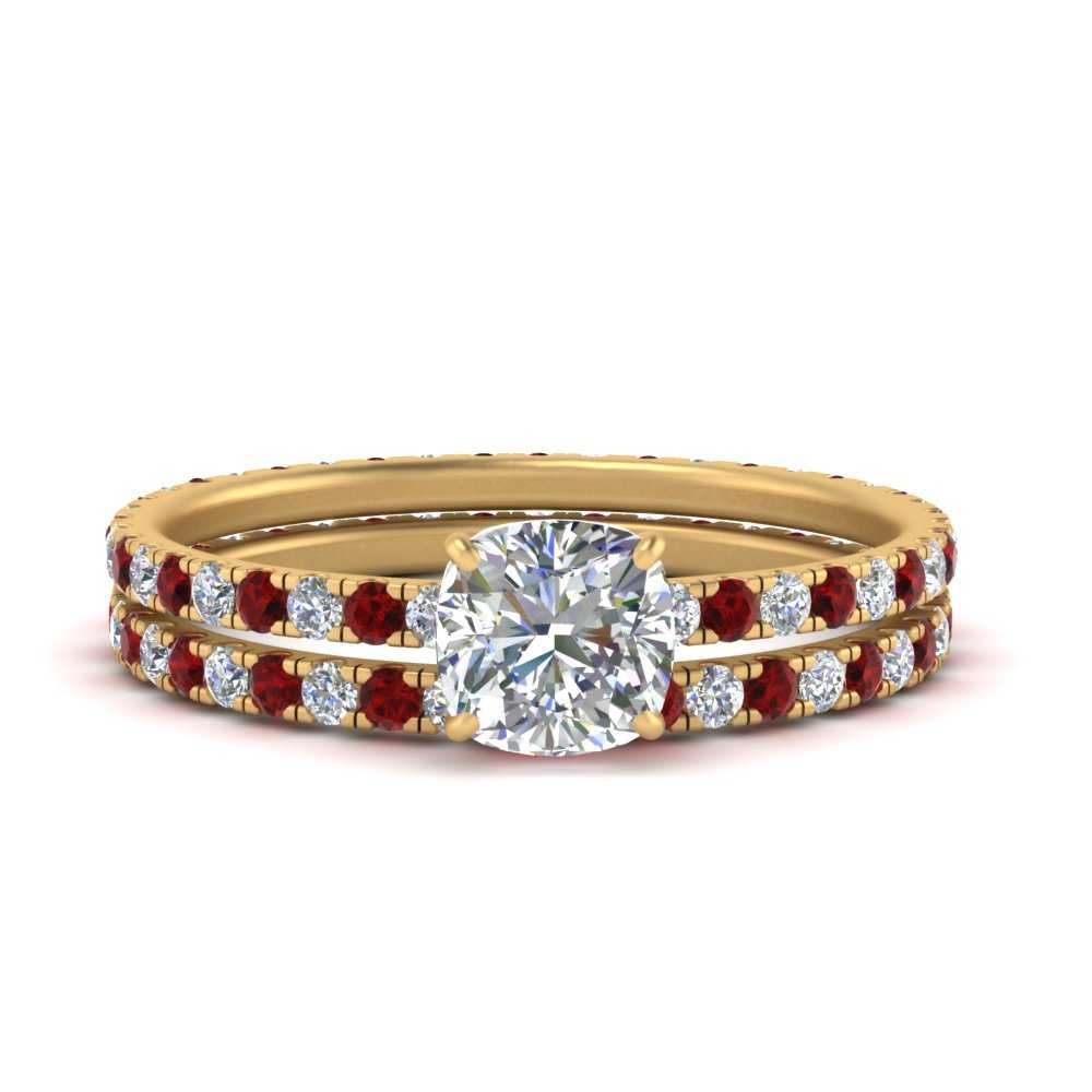 underhalo-eternity-cushion-cut-diamond-wedding-band-set-with-ruby-in-FD9168CUGRUDRANGLE3-NL-YG