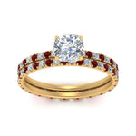 Load image into Gallery viewer, underhalo-eternity-cushion-cut-diamond-wedding-band-set-with-ruby-in-FD9168CUGRUDRANGLE3-NL-YG
