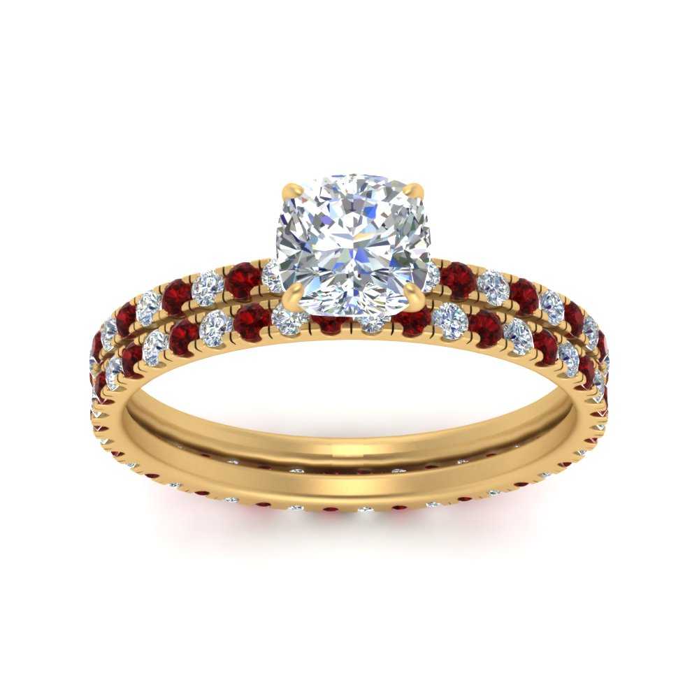 underhalo-eternity-cushion-cut-diamond-wedding-band-set-with-ruby-in-FD9168CUGRUDRANGLE3-NL-YG