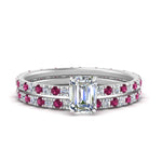 Load image into Gallery viewer, underhalo-eternity-emerald-cut-diamond-wedding-band-set-with-pink-sapphire-in-FD9168EMGSADRPIANGLE3-NL-WG
