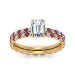 Load image into Gallery viewer, underhalo-eternity-emerald-cut-diamond-wedding-band-set-with-pink-sapphire-in-FD9168EMGSADRPIANGLE3-NL-YG
