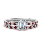 Load image into Gallery viewer, underhalo-eternity-emerald-cut-diamond-wedding-band-set-with-ruby-in-FD9168EMGRUDRANGLE3-NL-WG
