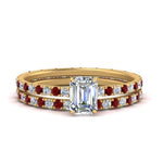 Load image into Gallery viewer, underhalo-eternity-emerald-cut-diamond-wedding-band-set-with-ruby-in-FD9168EMGRUDRANGLE3-NL-YG
