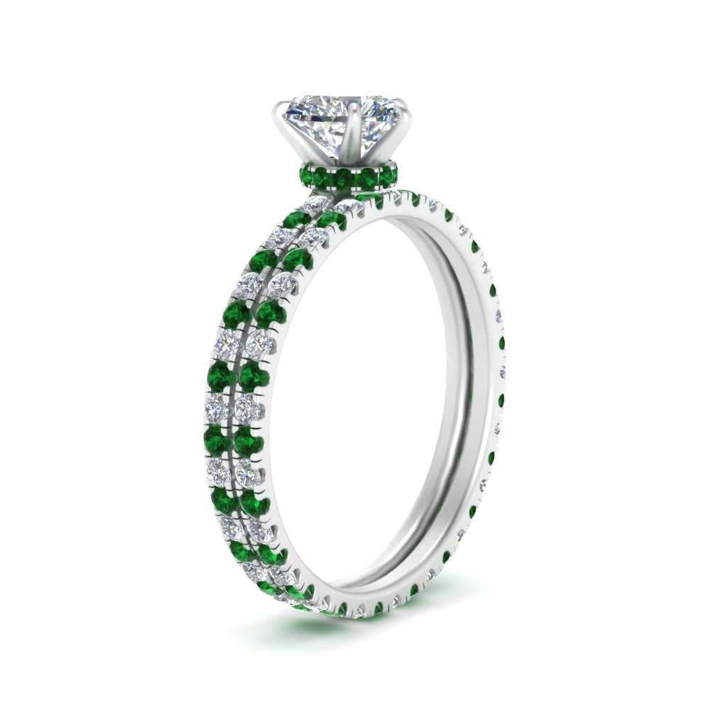 underhalo-eternity-heart-shaped-diamond-wedding-band-set-with-emerald-in-FD9168HTGEMGRANGLE3-NL-WG