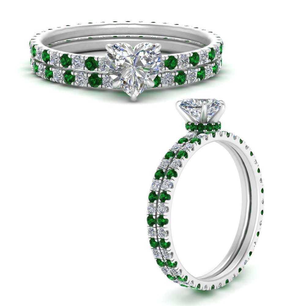 underhalo-eternity-heart-shaped-diamond-wedding-band-set-with-emerald-in-FD9168HTGEMGRANGLE3-NL-WG