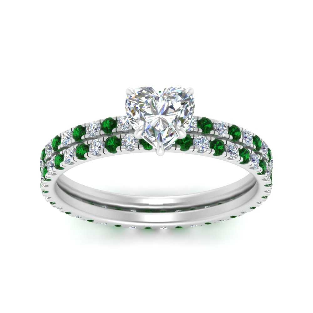 underhalo-eternity-heart-shaped-diamond-wedding-band-set-with-emerald-in-FD9168HTGEMGRANGLE3-NL-WG