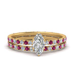 Load image into Gallery viewer, underhalo-eternity-marquise-cut-diamond-wedding-band-set-with-pink-sapphire-in-FD9168MQGSADRPIANGLE3-NL-YG
