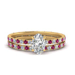 Load image into Gallery viewer, underhalo-eternity-oval-shaped-diamond-wedding-band-set-with-pink-sapphire-in-FD9168OVGSADRPIANGLE3-NL-YG

