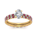 Load image into Gallery viewer, underhalo-eternity-oval-shaped-diamond-wedding-band-set-with-pink-sapphire-in-FD9168OVGSADRPIANGLE3-NL-YG
