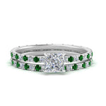 Load image into Gallery viewer, underhalo-eternity-princess-cut-diamond-wedding-band-set-with-emerald-in-FD9168PRGEMGRANGLE3-NL-WG