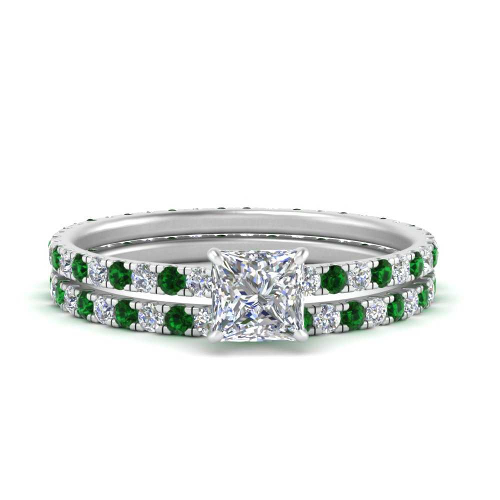 underhalo-eternity-princess-cut-diamond-wedding-band-set-with-emerald-in-FD9168PRGEMGRANGLE3-NL-WG