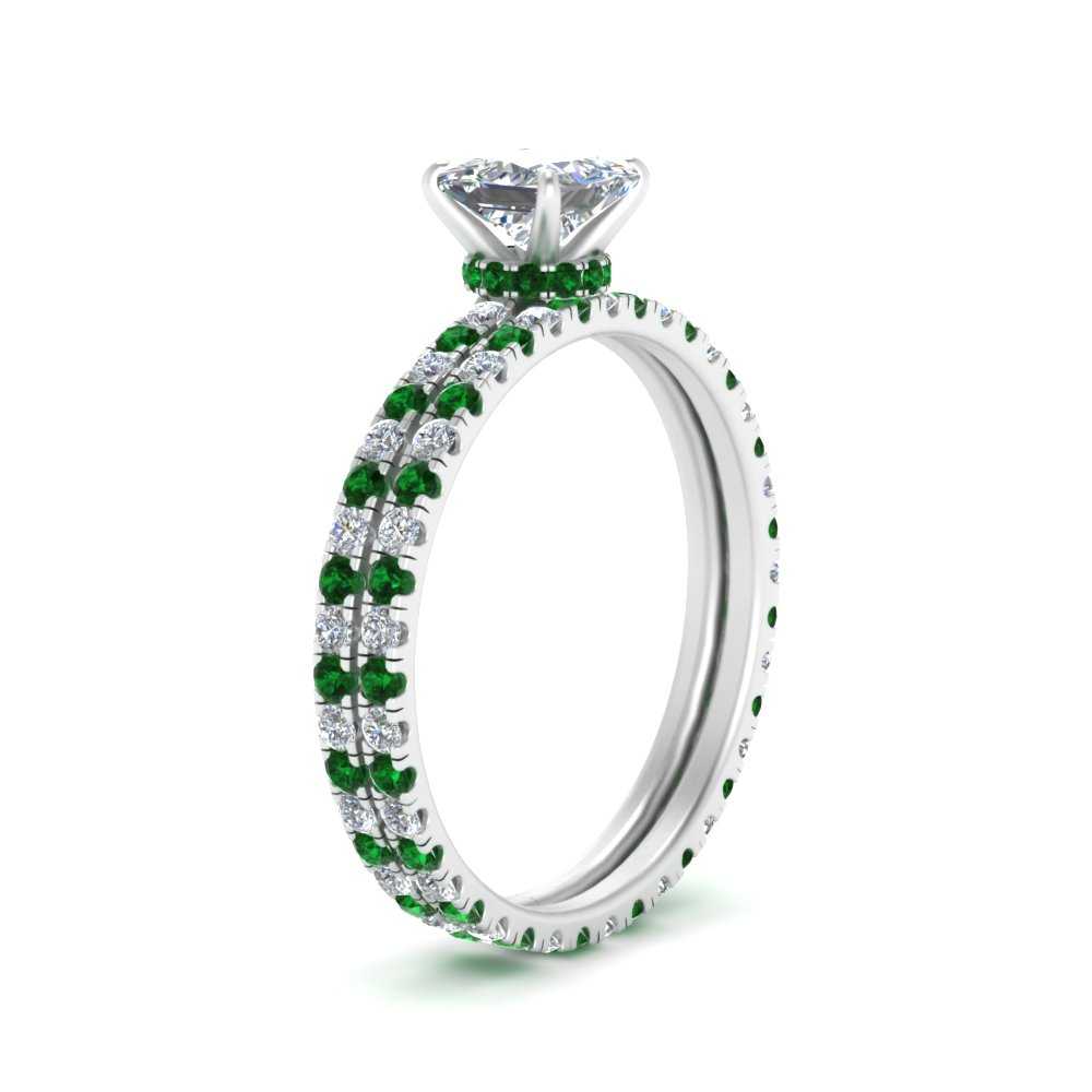 underhalo-eternity-princess-cut-diamond-wedding-band-set-with-emerald-in-FD9168PRGEMGRANGLE3-NL-WG