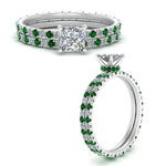 Load image into Gallery viewer, underhalo-eternity-princess-cut-diamond-wedding-band-set-with-emerald-in-FD9168PRGEMGRANGLE3-NL-WG
