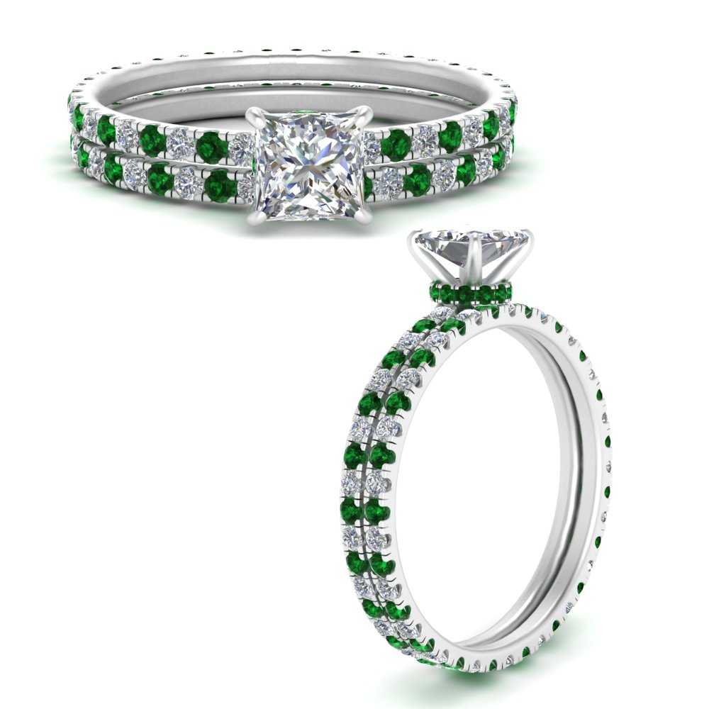 underhalo-eternity-princess-cut-diamond-wedding-band-set-with-emerald-in-FD9168PRGEMGRANGLE3-NL-WG