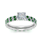 Load image into Gallery viewer, underhalo-eternity-princess-cut-diamond-wedding-band-set-with-emerald-in-FD9168PRGEMGRANGLE3-NL-WG
