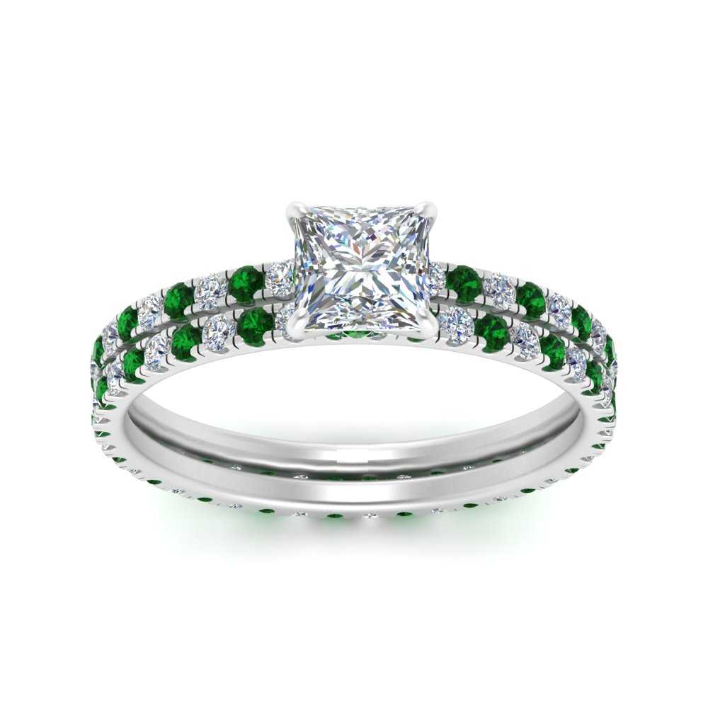 underhalo-eternity-princess-cut-diamond-wedding-band-set-with-emerald-in-FD9168PRGEMGRANGLE3-NL-WG