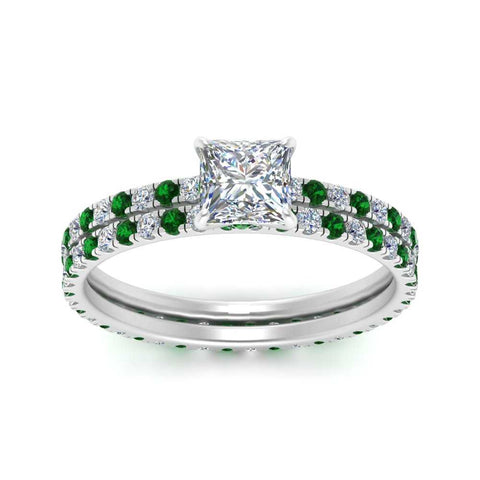 underhalo-eternity-princess-cut-diamond-wedding-band-set-with-emerald-in-FD9168PRGEMGRANGLE3-NL-WG