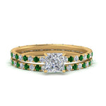 Load image into Gallery viewer, underhalo-eternity-princess-cut-diamond-wedding-band-set-with-emerald-in-FD9168PRGEMGRANGLE3-NL-YG