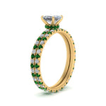 Load image into Gallery viewer, underhalo-eternity-princess-cut-diamond-wedding-band-set-with-emerald-in-FD9168PRGEMGRANGLE3-NL-YG
