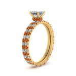 Load image into Gallery viewer, underhalo-eternity-princess-cut-diamond-wedding-band-set-with-orange-sapphire-in-FD9168PRGSAORANGLE3-NL-YG
