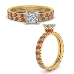 Load image into Gallery viewer, underhalo-eternity-princess-cut-diamond-wedding-band-set-with-orange-sapphire-in-FD9168PRGSAORANGLE3-NL-YG