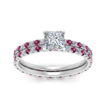 Load image into Gallery viewer, underhalo-eternity-princess-cut-diamond-wedding-band-set-with-pink-sapphire-in-FD9168PRGSADRPIANGLE3-NL-WG
