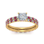 Load image into Gallery viewer, underhalo-eternity-princess-cut-diamond-wedding-band-set-with-pink-sapphire-in-FD9168PRGSADRPIANGLE3-NL-YG
