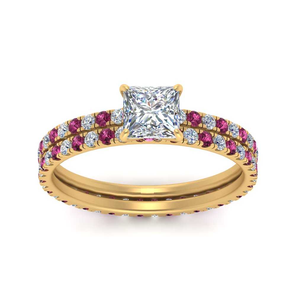 underhalo-eternity-princess-cut-diamond-wedding-band-set-with-pink-sapphire-in-FD9168PRGSADRPIANGLE3-NL-YG
