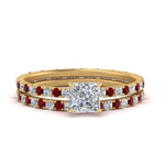 Load image into Gallery viewer, underhalo-eternity-princess-cut-diamond-wedding-band-set-with-ruby-in-FD9168PRGRUDRANGLE3-NL-YG