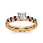 Load image into Gallery viewer, underhalo-eternity-princess-cut-diamond-wedding-band-set-with-ruby-in-FD9168PRGRUDRANGLE3-NL-YG