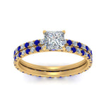 Load image into Gallery viewer, underhalo-eternity-princess-cut-diamond-wedding-band-set-with-sapphire-in-FD9168PRGSABLANGLE3-NL-YG
