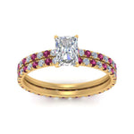 Load image into Gallery viewer, underhalo-eternity-radiant-cut-diamond-wedding-band-set-with-pink-sapphire-in-FD9168RAGSADRPIANGLE3-NL-YG

