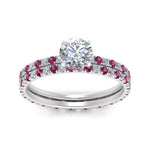 Load image into Gallery viewer, underhalo-eternity-round-cut-diamond-wedding-band-set-with-pink-sapphire-in-FD9168ROGSADRPIANGLE3-NL-WG

