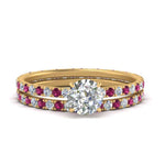 Load image into Gallery viewer, underhalo-eternity-round-cut-diamond-wedding-band-set-with-pink-sapphire-in-FD9168ROGSADRPIANGLE3-NL-YG
