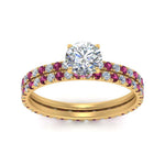 Load image into Gallery viewer, underhalo-eternity-round-cut-diamond-wedding-band-set-with-pink-sapphire-in-FD9168ROGSADRPIANGLE3-NL-YG
