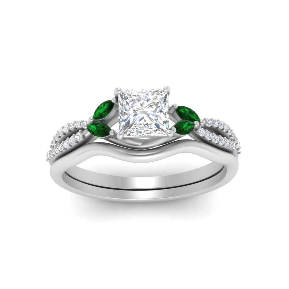 vine-split-band-princess-cut-diamond-wedding-set-with-emerald-in-white-gold-FDENR3211PRGEMGRANGLE3-NL-WG
