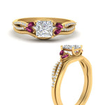 Load image into Gallery viewer, vine-split-band-princess-cut-diamond-wedding-set-with-pink-sapphire-in-yellow-gold-FDENR3211PRGSADRPIANGLE3-NL-YG